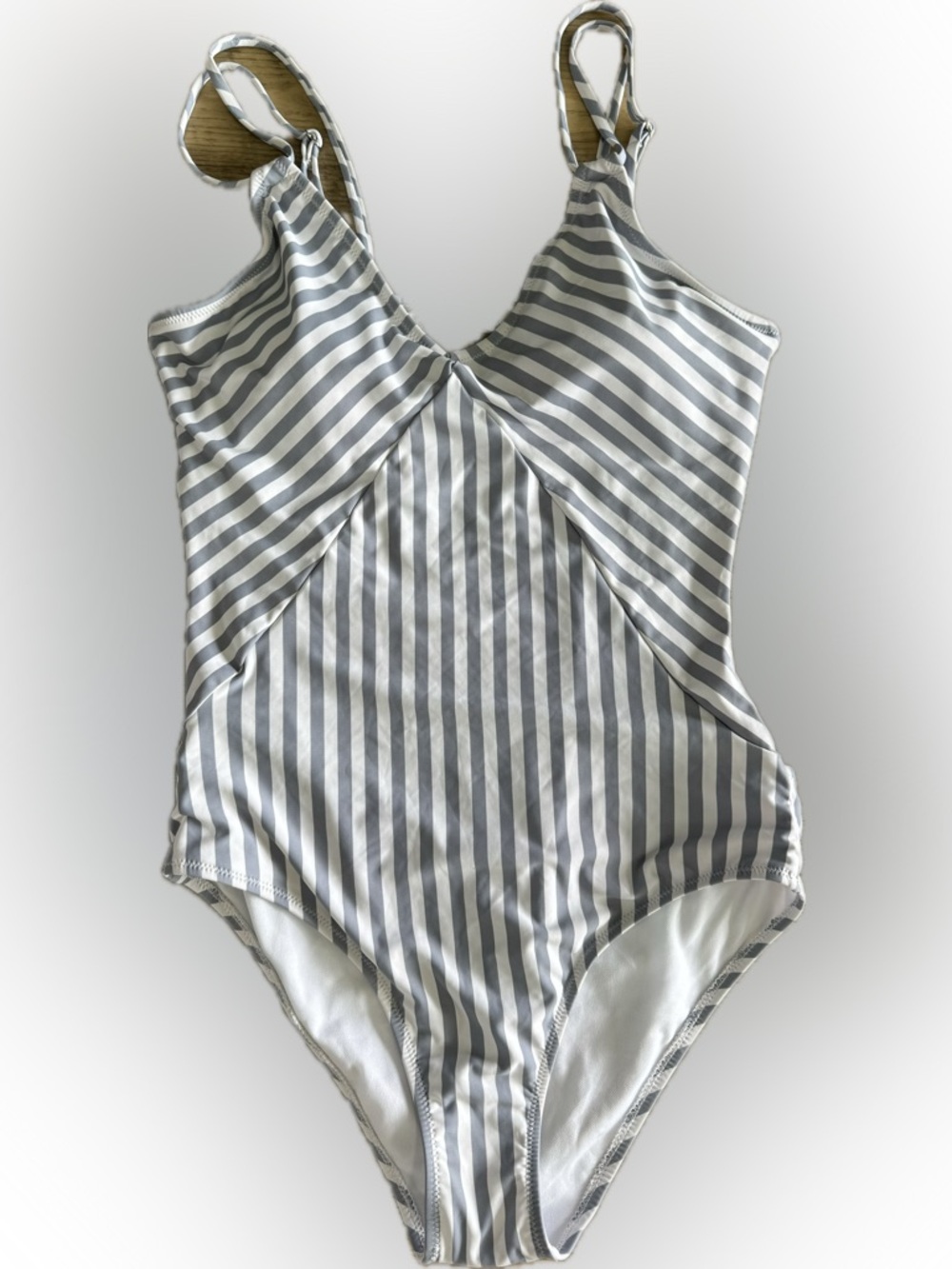 Gray and White Striped One-Piece Swimsuit
